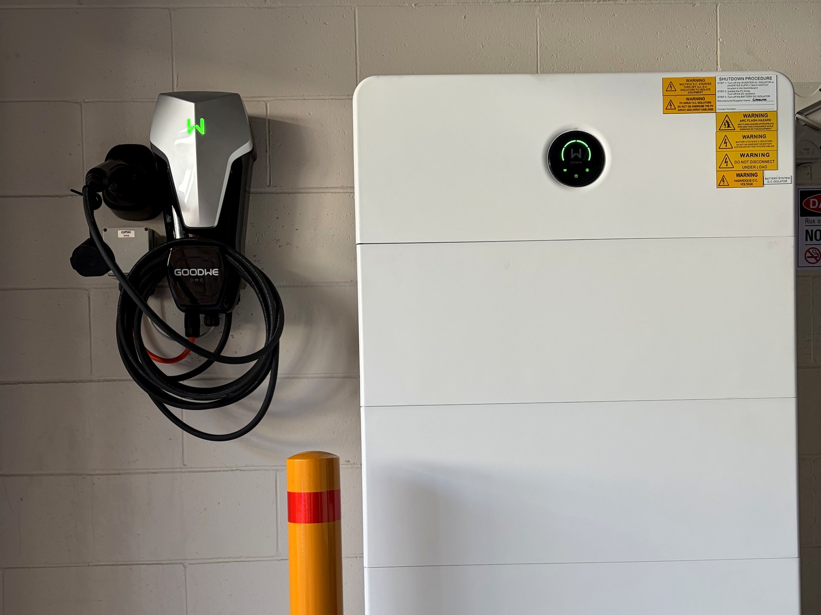 GoodWe ESA battery and EV charger installed in a garage